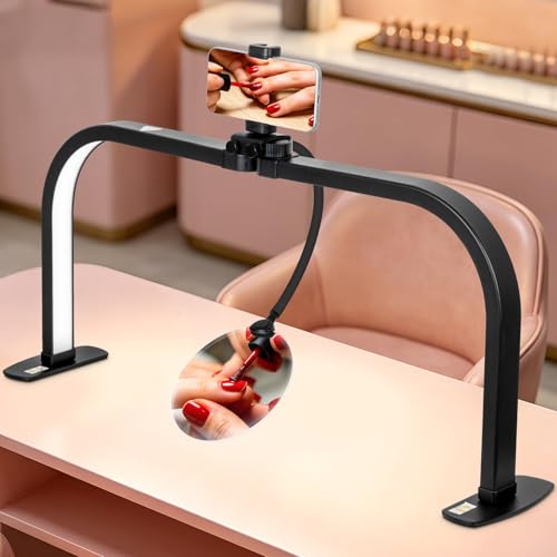 HITTI LED Half Moon Nail Desk Lamp, 30" Foldable Arch Light with 5X Magnifier & Phone Holder for Manicure, Handicraft, Art, Eyelash Extensions - Adjustable Brightness, 3 Color Modes, Home & Salon - color: Black