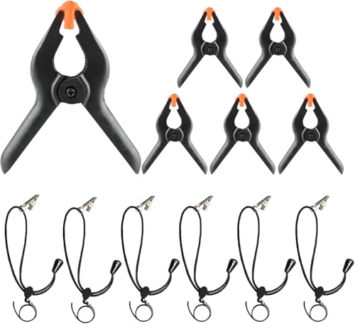 6 Pack 4.5 Inch Heavy Duty Spring Clamps + 6 Pack Backdrop Clips, Elastic Nylon Backdrop Clamps Holder Background Clips for Video Photography Background Support, Canvas, Creation and Home Use - color: Black, size: 6 Clamps & 6 Clips