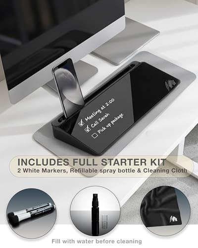 Black Glass Desktop Whiteboard – Modern Dry Erase Board with Storage Drawer for Desk Notes & Organization - color: Black Black