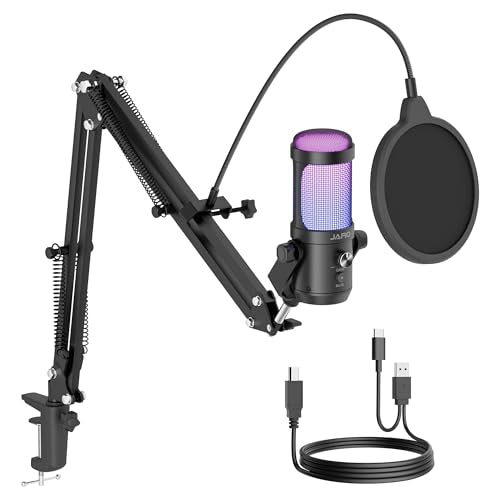 JARO USB Podcast Microphone with Boom Arm, Studio Condenser Mic with Real-Time Monitoring, Mute, Volume Control Ideal for Voice & Singing (Black) - color: Black