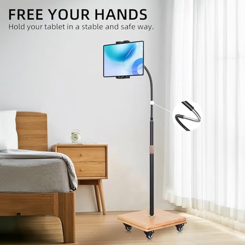 wishacc Tablet Floor Stand for Bed - Gooseneck Tablet Holder Mount with Adjustable Height and 4 Wheels, Compatible with iPad mini Air Pro 12.9/9.7, Galaxy Tab, Kindle, Cell Phones (4.7"-13") - size: 11.6 x 11.6 inches
