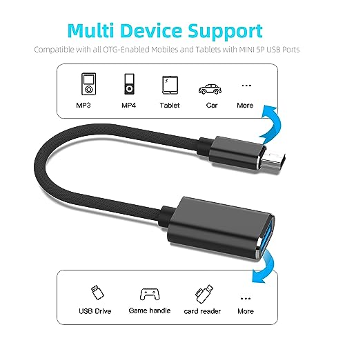 HIEbee Mini USB OTG Cable for Digital Cameras - USB A Female to Mini USB B 5-pin Male Adapter Braided Cable
