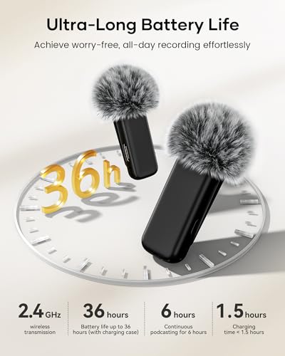 KUKIHO Wireless Lavalier Microphone with Charging Case, 36H Battery Life, Noise Cancellation, 135ft Range, Plug-and-Play Clip-On Mic for iPhone, iPad, Android, YouTube, Vlog, Live Streaming - color: Matte Black, size: With Case