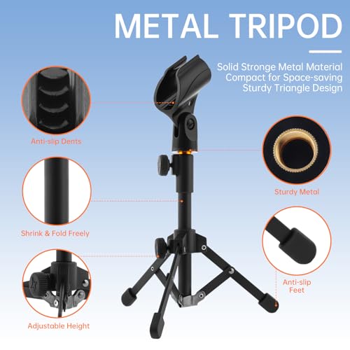 Desktop Mic Stand Aluminum Alloy Microphone Stand for Desk Foldable Adjustable Height Table Mic Stand Dynamic Microphones with 2 Mic Clips, for Singing Recording Streaming