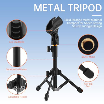 Desktop Mic Stand Aluminum Alloy Microphone Stand for Desk Foldable Adjustable Height Table Mic Stand Dynamic Microphones with 2 Mic Clips, for Singing Recording Streaming