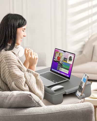 SAIJI Lap Desk with Cushion, Computer Laptop Stand, Lap Laptop Table, Built-in Drawer Storage, Phone Holder, Wrist Pad - color: Gray