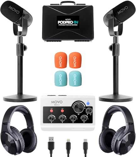 Movo Portable Podcast Equipment Bundle for iPhone/Android Phones- Podcast Kit with Audio Interface, 2 CastMic Dynamic Mics, 2 Stands - For Smartphones, Computers (with Desk Stands and Headphones)