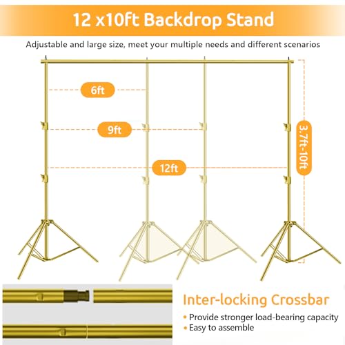 HYJ-INC Photo Video Studio Backdrop Stand- Titanium Gold, 12(W) x 10(H) ft Heavy Duty Adjustable Photography Muslin Background Support System Kit with Carry Bag,4 Spring Clamps