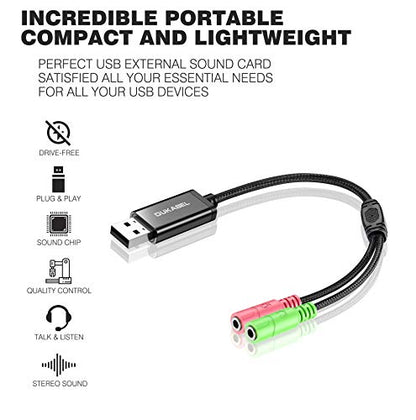 DuKabel USB to 3.5mm Jack TRS AUX Adapter for Built-in USB Sound Card with Separate Plug TRS 3 Pole Microphones [Metal Housing & Durable Braided / 9.8inch] - size: 9.8 inch / 25 cm