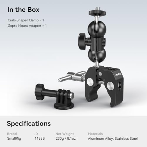 SMALLRIG Super Camera Clamp Mount, Double Ball Head Magic Arm Adapter, Fence/Desk/Tripod Mount for Monitor/Light/Camera, for Insta360, for Gopro - style: Clamp