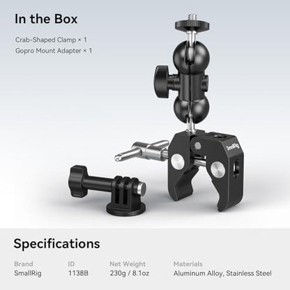 SMALLRIG Super Camera Clamp Mount, Double Ball Head Magic Arm Adapter, Fence/Desk/Tripod Mount for Monitor/Light/Camera, for Insta360, for Gopro - style: Clamp