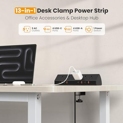 VILONG Desk Clamp Power Strip,65W Total Fast Charging Station,Desk Edge Mount Power Strip,8 USB Ports (4 USB C) & 5 AC Outlets,1200J Surge Protector (Black, 6, Feet, Power Strip) - color: Black