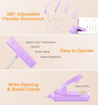 Gritin 2026 Gen 2 Book Light for Reading- 32 Eye Caring Full Spectrum LED | 5 Colors & 5 Brightness, Adjustable Wide/Narrow Beam, Upgrade 1500mAh Long-Lasting Rechargeable Clip on Light-Purple - color: Purple