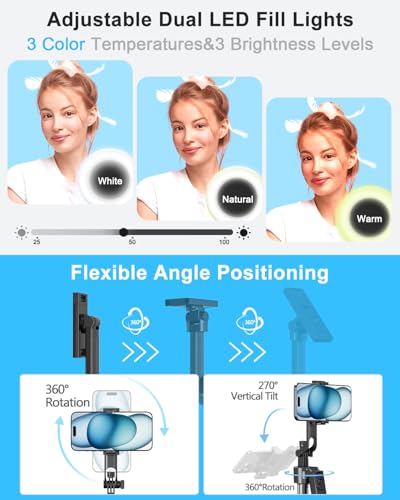 Vlogging Kit for iPhone/Android, 63” Auto Face Tracking Tripod for iPhone with Light, Wireless Microphones, Remote Control for TikTok, YouTube Starter Kit for Content Creator