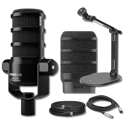 Rode PodMic USB Dynamic Broadcast Microphone Bundle with Rode DS2 Desk Stand and Microphone Accessory Kit — USB-C and XLR Connectivity, Podcast and Streaming Ready