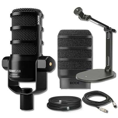 Rode PodMic USB Dynamic Broadcast Microphone Bundle with Rode DS2 Desk Stand and Microphone Accessory Kit — USB-C and XLR Connectivity, Podcast and Streaming Ready