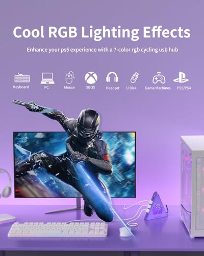 7-Port USB 3.0 Hub, Deep Purple Vertical USB Expander with Tree RGB Lighting, 5Gbps Data Transfer, 2FT Cable, Compatible with Laptop, Desktop, PS5, Xbox, Printer, Flash Drive, HDD - color: 3-Tree Deep Purple