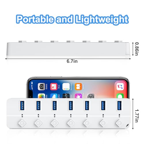 ONFINIO USB Hub 3.0, 7-Port USB Hub Splitter with Individual On/Off Switches and Lights, 3.2ft/1m Long Cable Compatible with MacBook, Laptop, Surface Pro, PS4, PC, Flash Drive, Mobile HDD-White - color: White