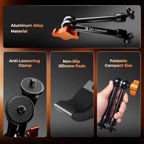 K&F CONCEPT 9.8" Magic Arm Clamp Kit with 1/4" & 3/8" Thread Screw 360° Ball Heads Articulating Magic Arm Camera Mount for Monitor, Flash, LED Light, Microphone, Camera Cage, Action Camera - style: 9.8" with Clamp