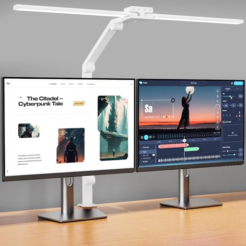 KableRika Desk Lamp,Double Head Desk Lamp with Clamp,24W Led Desk Lights for Home Office Ultra Bright Architect Table Lamp 4 Brightness 4 Color,Auto Dimming Task Lamp for Monitor Work Study White - color: White-31.5inch-Clamp