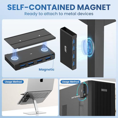 EJAY Magnetic USB 3.0 Hub, 4-Port Desk Mount USB Hub with 59in Data Cable, Industrial-Strength Magnetic Hub to Attach to a Desk/PC Case, Powered USB 3.0 Hub for PC, Mac, Desktop, Black - color: Black