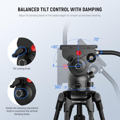 NEEWER LL34 78" Video Camera Tripod One Step Quick Release with Adjustable Damping Fluid Head, Heavy Duty Carbon Fiber Tripod with Dual Mode QR Plate, Max Load 22lb - style: LL34