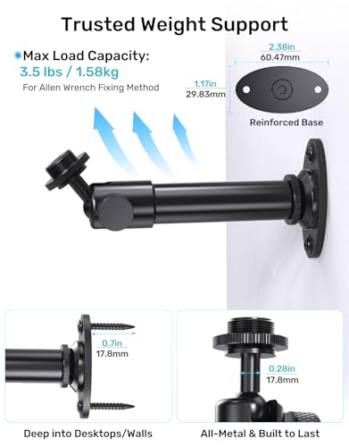 Mic Wall Mount Bracket with Ball Head - 180° & 360° Swivel, 5/8"-27 Microphone Flange Mount with 1/4" and 3/8" Screw Adapters, Easy Mounting of Mics, Web Cameras, Lights for Studio & Home Office