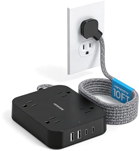 10 Ft Braided Extension Cord with Ultra-Thin Flat Plug, 4 Widely Spaced Outlets & 4 USB Ports (2 USB C), Non-Surge Protector Power Strip for Cruise Ship, Travel Essentials, Home Office, Black - color: Black, size: 10 Ft