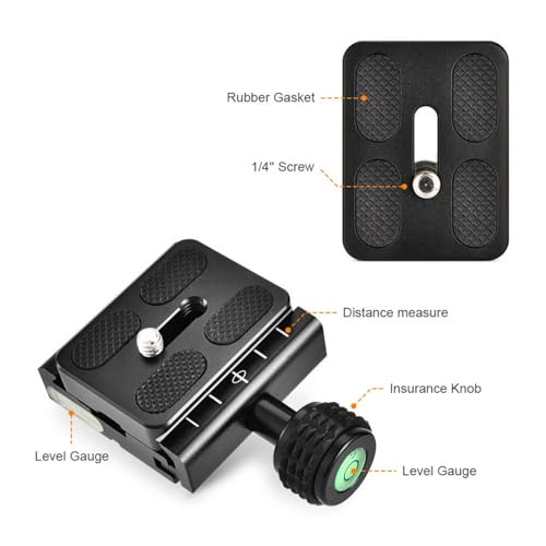UTEBIT 50mm Arca Swiss Quick Release Plate, with 3/8"&1/4" Screw, Black | Aluminum QR Clamp Adapter Set, Built-in Bubble Level Compatible with Manfrotto DSLR Camera Tripod Ball Head Monopod