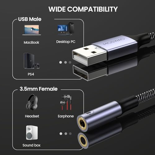 MOSWAG USB to 3.5mm Jack Audio Adapter 0.65Feet/20cm, External Sound Card Support Mic TRRS Headset with 3.5mm Aux Stereo Converter Compatible with Windows, PC, Laptop, Mac, Linux, Desktops, PS4 - color: Black, size: 1 pack