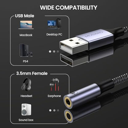 MOSWAG USB to 3.5mm Jack Audio Adapter 0.65Feet/20cm, External Sound Card Support Mic TRRS Headset with 3.5mm Aux Stereo Converter Compatible with Windows, PC, Laptop, Mac, Linux, Desktops, PS4 - color: Black, size: 1 pack