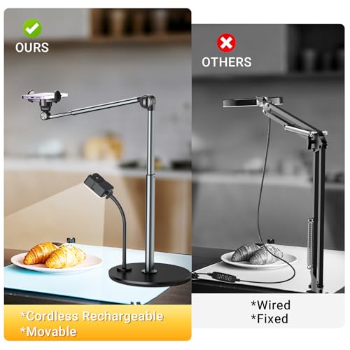 Overhead Phone Mount with Rechargeable Light for iPhone, Table Tripod for Content Creators, Portable Phone Camera Stand for Cooking, Video Recording, Filming, Nail Techs