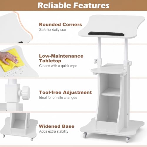Tangkula Mobile Lectern Podium, Height Adjustable Podium Stand, Standing Sit-to-Stand Desk, Rolling Cart Laptop Desk with Swivel Top Movable Wheels & Storage - color: White, size: 20" x 16" x 44"