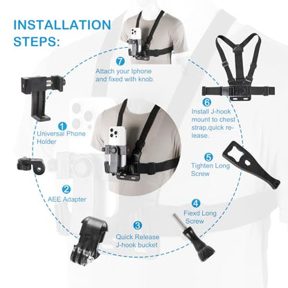 PellKing Mobile Phone Chest Mount Harness Strap Holder Cell Phone Clip Action Camera POV for Samsung iPhone Plus etc