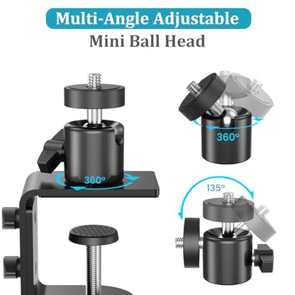 C-Clamp Mount with Mini Ball Head Mount, 1/4 Screw Mount Adapter Camera Clamp Mount for Desk/Deck/Brunch, Compatible with Arlo, Wyze, Ring Stick up Cam and More, Black (60mm) - size: 8.7"