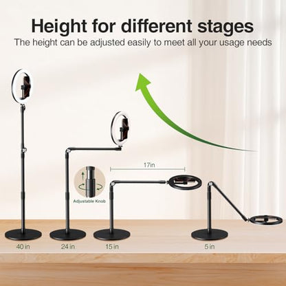 elitehood Overhead Phone Mount with Light for Video Recording, Adjustable Desk Ring Light with Stand and Phone Holder, Heavy Duty Overhead Camera Mount Tripod for iPhone Cooking Video, Filming Meeting - style: Desk Stand with Light