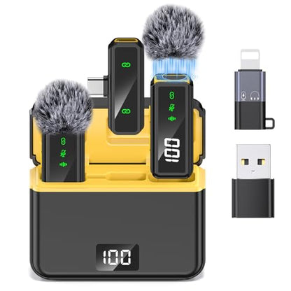 Mini Lavalier Microphone for iPhone/Android/PC, Lav Mic with 45H Battery, Noise Cancellation, 48KHz 16-Bit, Wireless Mic for Video Recording, Tiktok, YouTube, Vlog (Black+Yellow)
