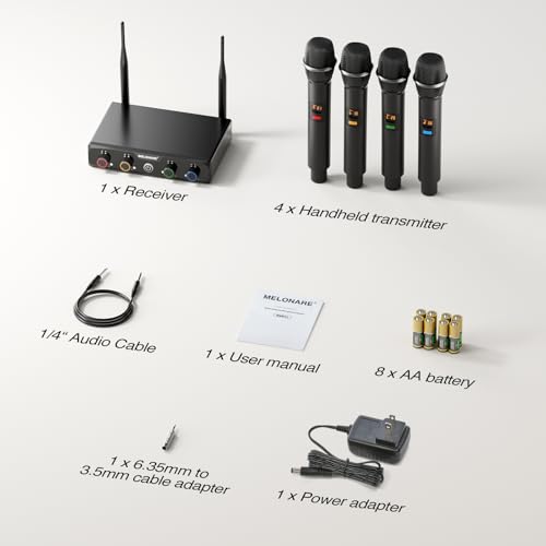 MELONARE 4-Channel Wireless Microphone System, UHF Compact Cordless Mic Set w/ 4x10 Frequencies, 200ft Range, Dynamic Handheld Microphone for Singing, Karaoke, Church, DJ, Wedding (MWM-41-4H) - size: 4 Handheld Mics