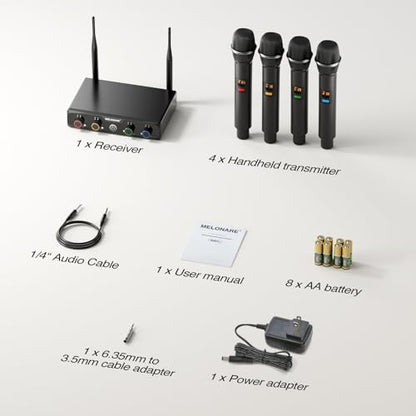 MELONARE 4-Channel Wireless Microphone System, UHF Compact Cordless Mic Set w/ 4x10 Frequencies, 200ft Range, Dynamic Handheld Microphone for Singing, Karaoke, Church, DJ, Wedding (MWM-41-4H) - size: 4 Handheld Mics