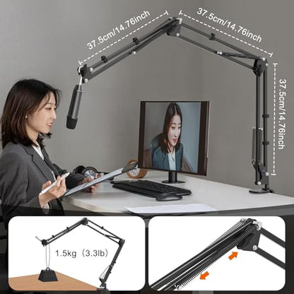 Microphone Boom Arm, Professional Desk Mic Stand with 1/4", 3/8", 5/8" Adapters, Heavy-Duty Clamp, Wide Compatibility for Yeti, AT2020, Podcasting, Streaming & Recording