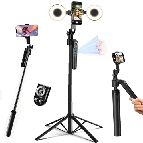 Auto Face Tracking Tripod for iPhone with Light 70.9” Selfie Stick Tripod Stand Follows Your Movement 360°Phone Camera Tripod with Wireless Remote for Content Creator Vlog Live Stream Video Recording - style: B181-Auto Face Tracking Tripod with 2 Ring Lig