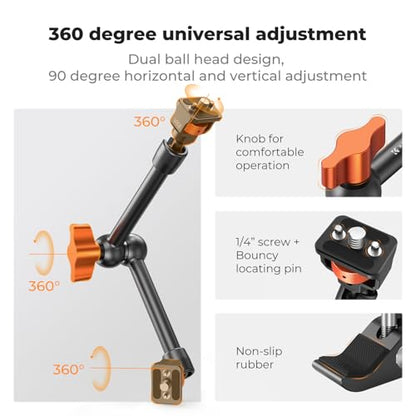 K&F CONCEPT 11" Magic Arm Clamp with Super Clamp ARRI 1/4" & 3/8" Thread Screw, 360° Ball Heads Arm with Clamp Mount for Monitor, LED Light, Webcam, Action Camera - size: 11 Inch with Clamp
