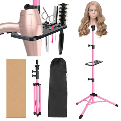 ZQIAN BEAUTY Wig Head Stand 50 Inch Metal Mannequin Head Stand for Hairdressing Training Head Adjustable Wig Stand Tripod with Tool Tray (Pink, Mannequin Head Not Included) - color: Pink, size: 50 Inch