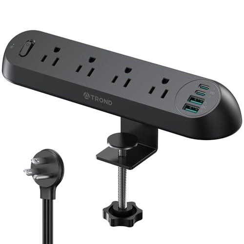 TROND Desk Clamp Power Strip USB C PD 20W- Surge Protector with 4 AC Outlets 4 USB Ports, Flat Plug 6ft Extension Cord, 1700J, ETL Listed, Fits 1.97 in Tabletop Edge, for Home Office Desk Accessories - color: Black, size: 6FT (4 Outlets & 4 USB Ports)