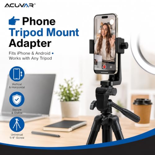Acuvar Phone Mount for Tripod, Universal Smartphone Holder Adapter with 1/4" Screw, Adjustable Clip for iPhone & Android, Vertical & Horizontal Tripod Phone Holder - style: 1) Rotating Phone Mount