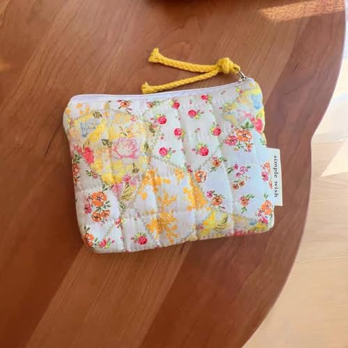 Cotton Quilted Floral Coin Purse Digital Camera Pouch with Cute Prints Zipper for Women Girls (YELLOW DISTY PATCH) - color: YELLOW DISTY PATCH