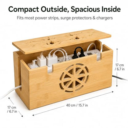 Cable Management Box - Large Bamboo Cord Organizer for Desk and Home Office - Power Strip Hider with Ventilation, 15.7 x 6.7 x 6.7in