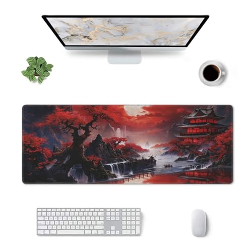 Japanese Red Cherry Blossoms Large Gaming Mouse Pad, Long Extended Full Mouse Mat Desk Pad for Top Keyboard Table, Aesthetic Stitched XL Mousepad Gifts for Women Office Decor, 31.5 * 11.8 in - color: Japanese Red Cherry Blossoms