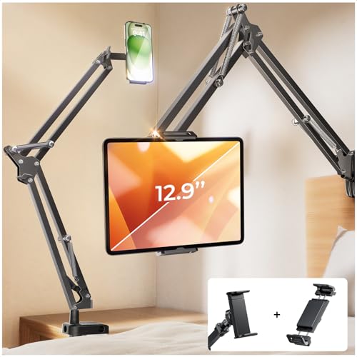 LISEN Tablet Stand iPad Stand for Desk Mount [Ultra Sturdy 2 Clamps] iPad Holder for Tablet Holder Mount Desk Accessories for Men fits iPad Air, iPad 12, iPhone 17e, 4-13" Device (Black) - color: Black