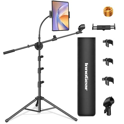 InnoGear Mic Stand, 6 in 1 Microphone Stand Floor with Tablet Phone Holder Height Adjustable from 30" to 72" Mic Stand Tripod Boom Arm with Gooseneck Carrying Bag for Singing Karaoke Stage
